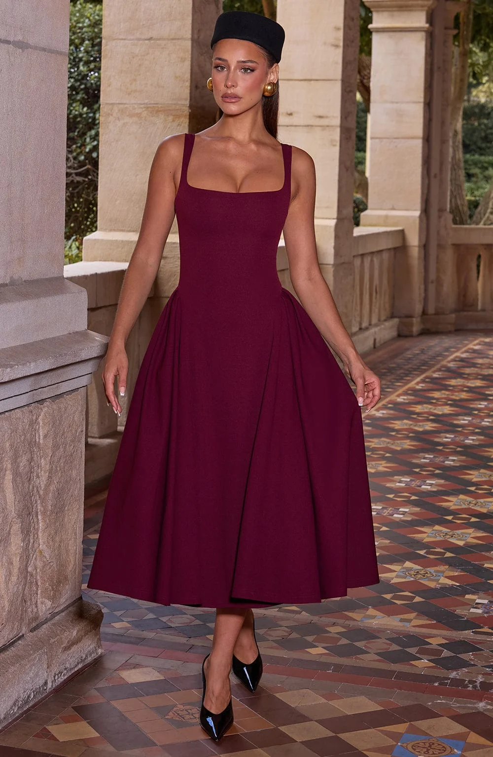 Cherry Lacquer Square Neck Midi Dress