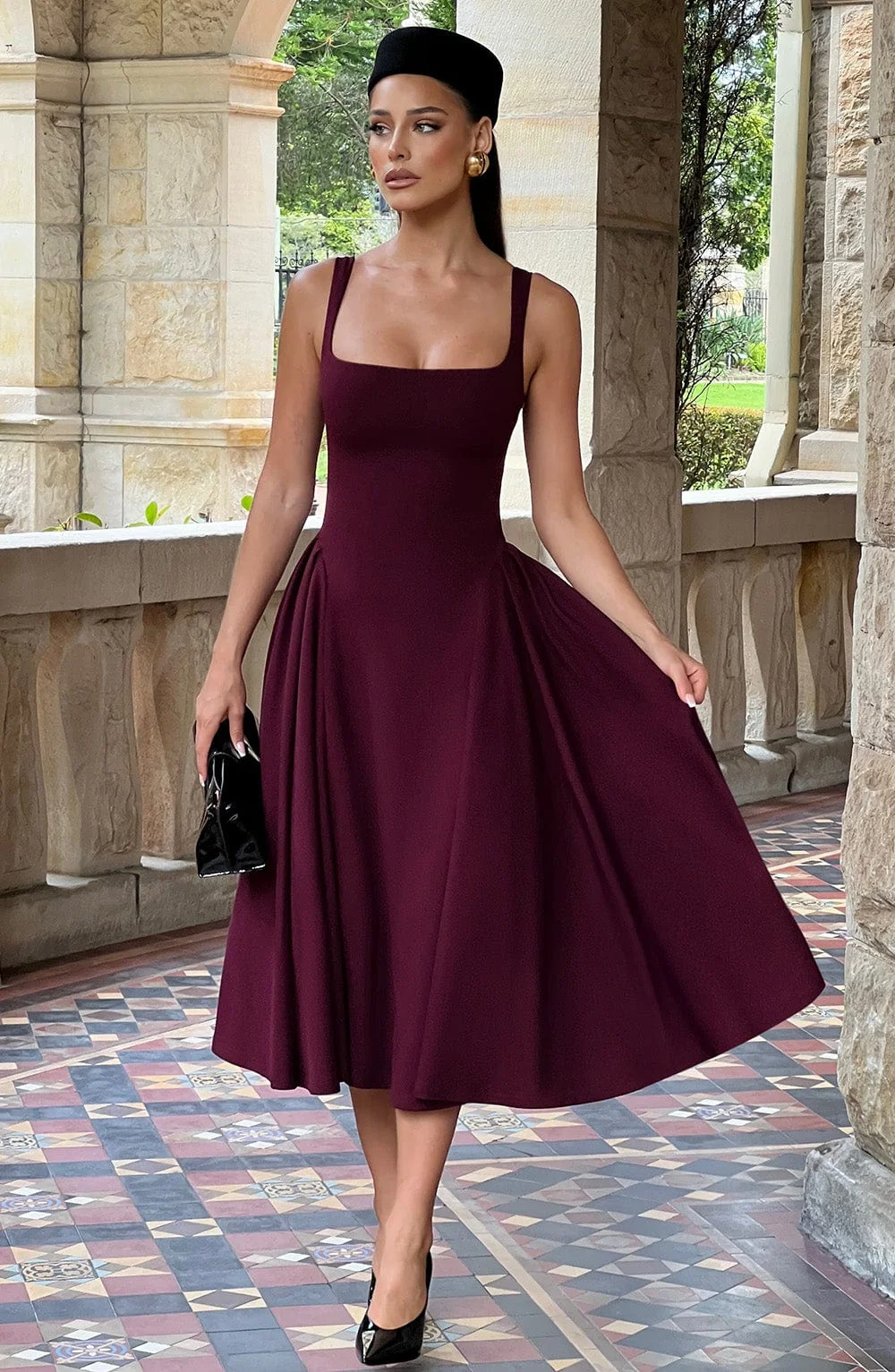 Cherry Lacquer Square Neck Midi Dress