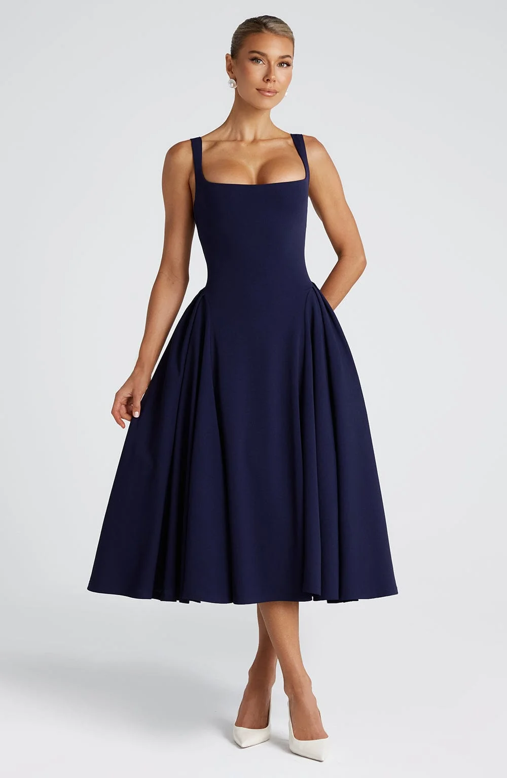 Navy Square Neck Midi Dress with Godet Panel Skirt