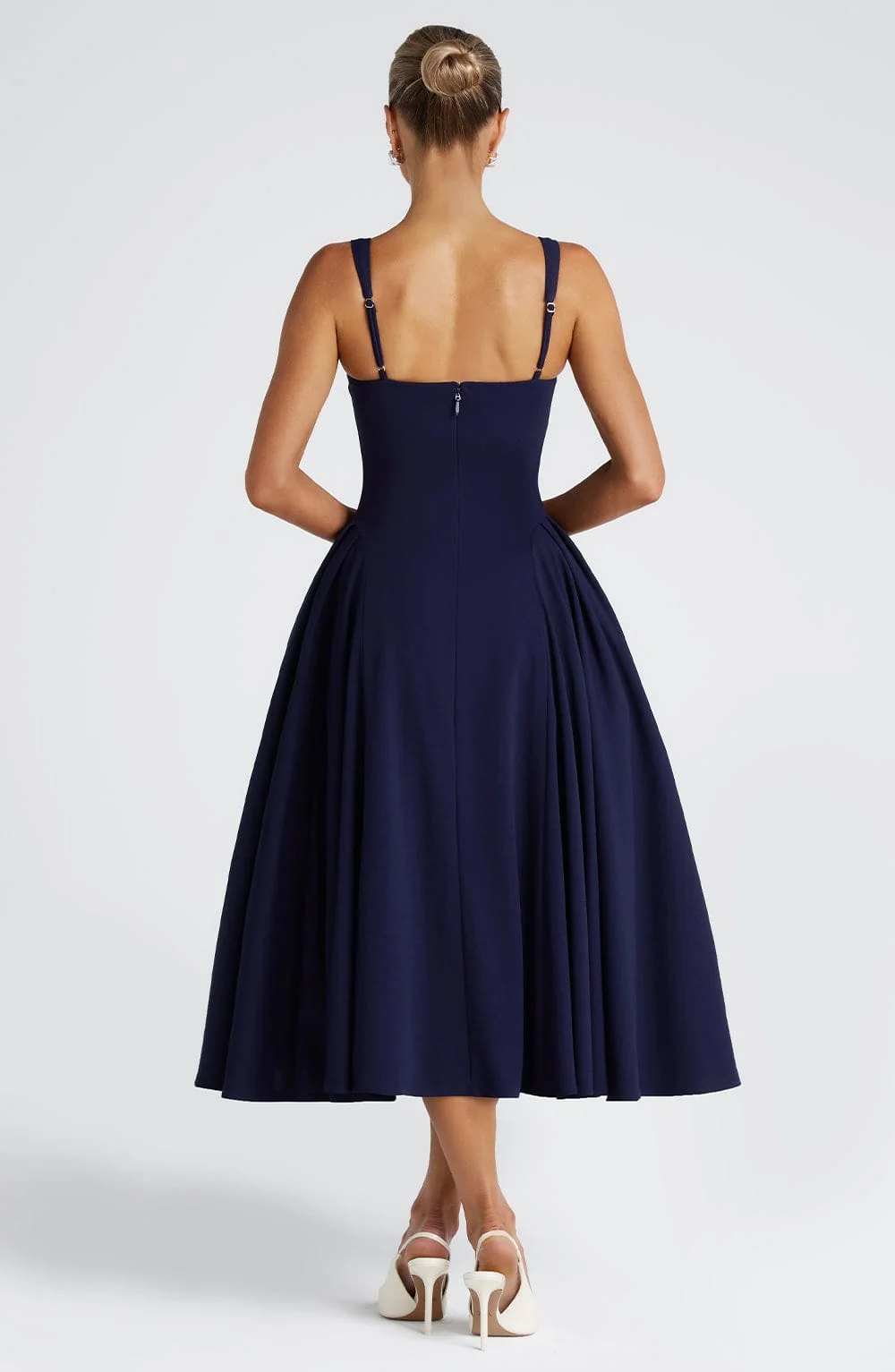 Navy Square Neck Midi Dress with Godet Panel Skirt