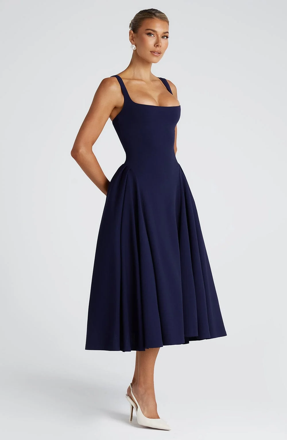 Navy Square Neck Midi Dress with Godet Panel Skirt