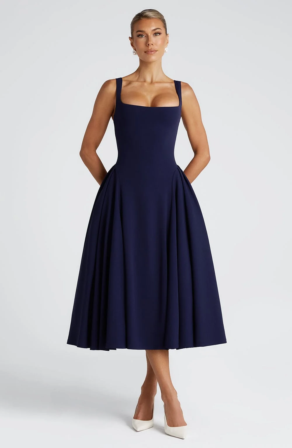 Navy Square Neck Midi Dress with Godet Panel Skirt
