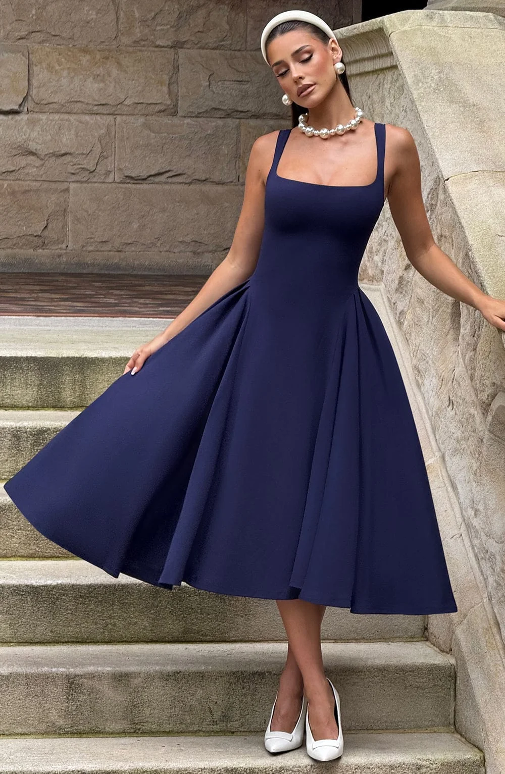 Navy Square Neck Midi Dress with Godet Panel Skirt