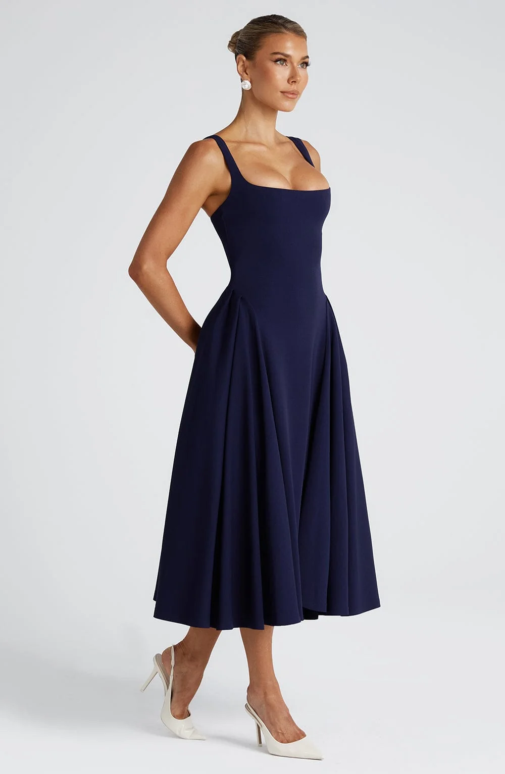 Navy Square Neck Midi Dress with Godet Panel Skirt