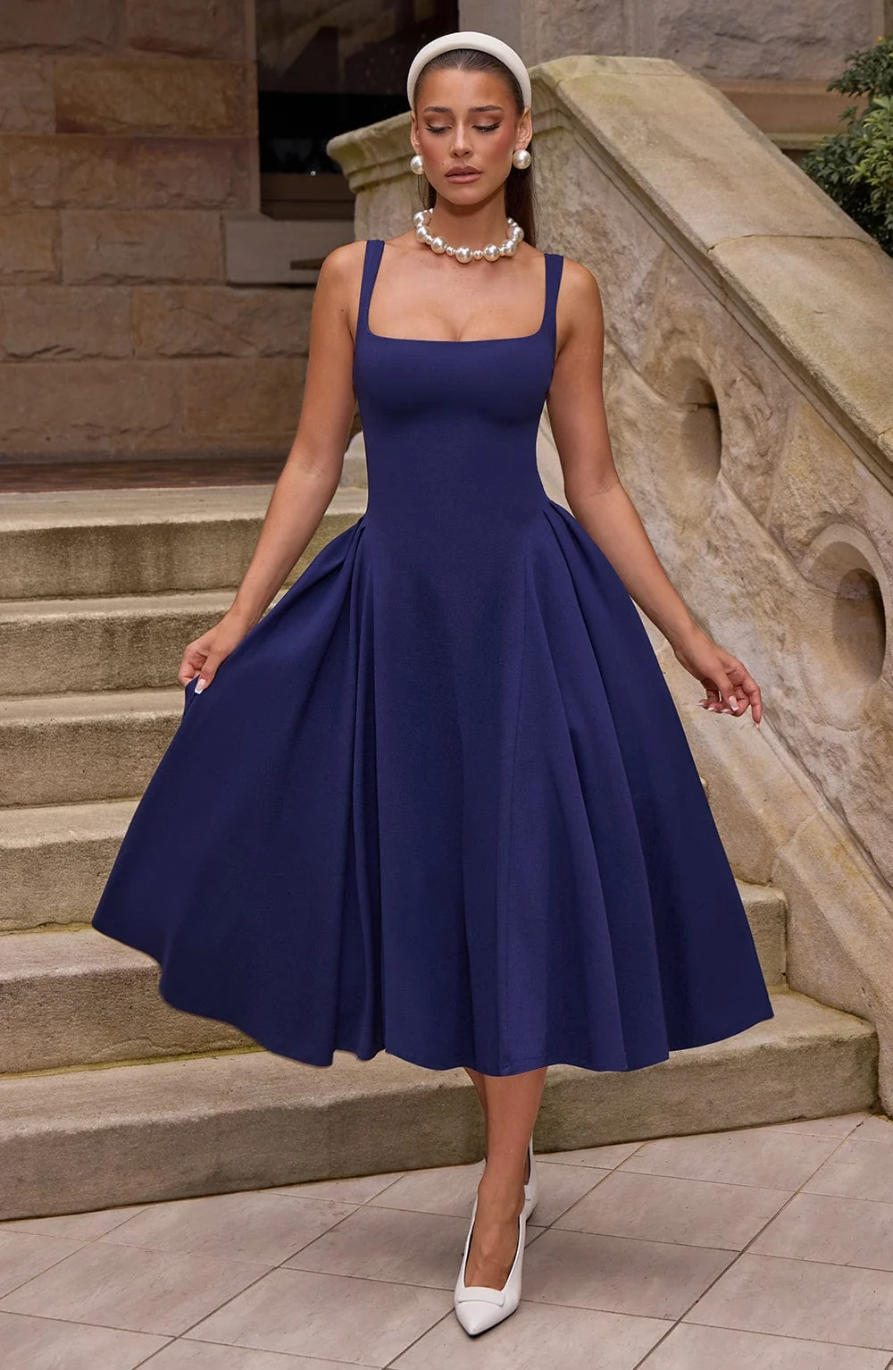 Navy Square Neck Midi Dress with Godet Panel Skirt