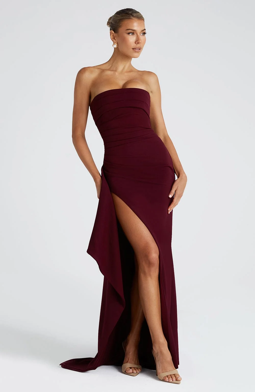 Cherry Lacquer Maxi Dress - Elegant Stretch Crepe Gown
