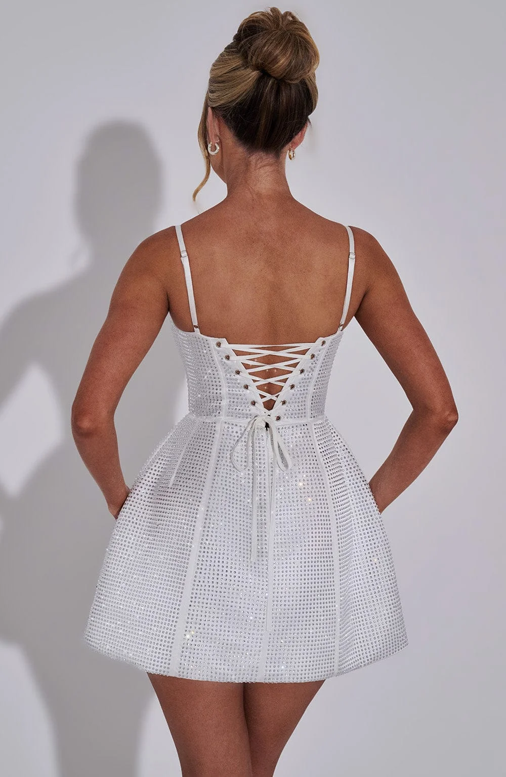 Ivory Satin Mini Dress with Hotfix Rhinestones - Emma Design