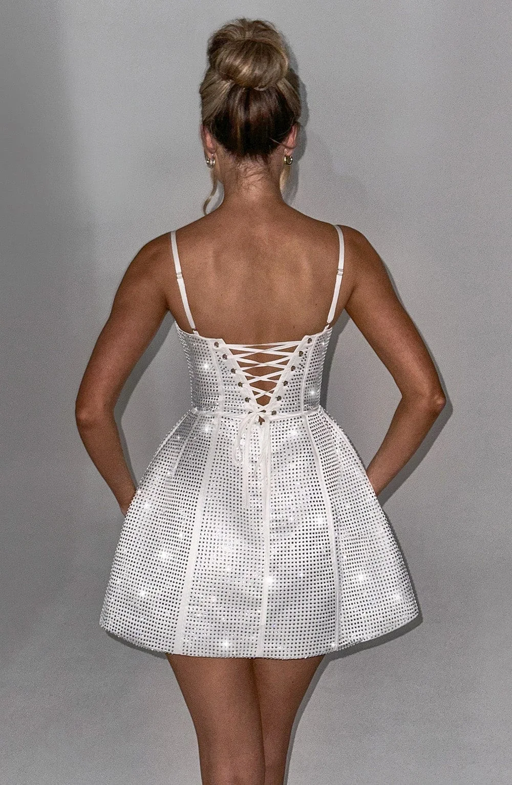 Ivory Satin Mini Dress with Hotfix Rhinestones - Emma Design