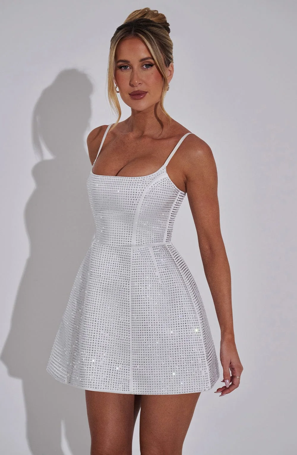 Ivory Satin Mini Dress with Hotfix Rhinestones - Emma Design