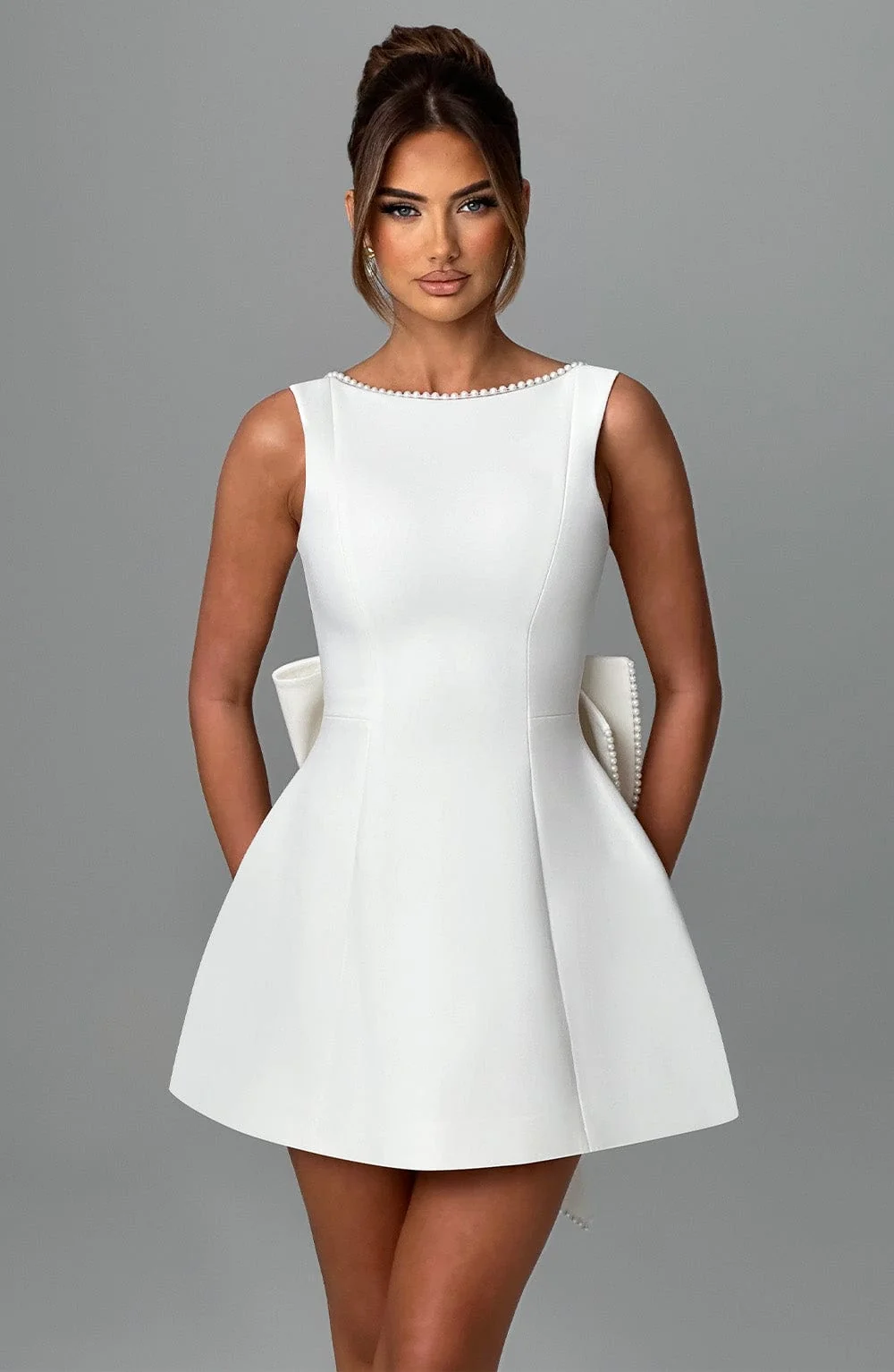 Ivory Crepe Mini Dress with Pearl Adornments