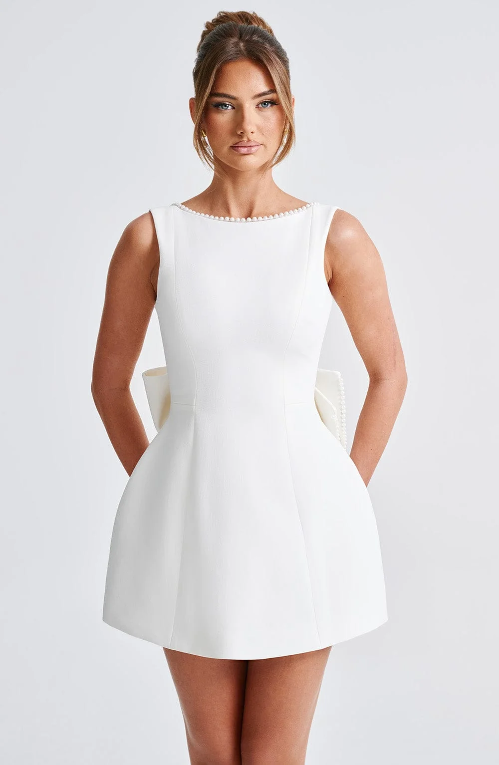 Ivory Crepe Mini Dress with Pearl Adornments