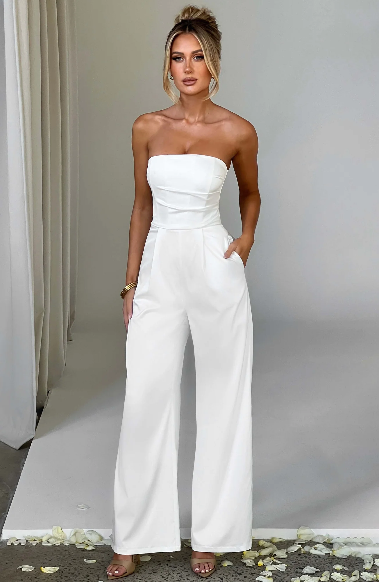 Ivory Wide Leg Strapless Jumpsuit with Boned Corset - Luxury Satin