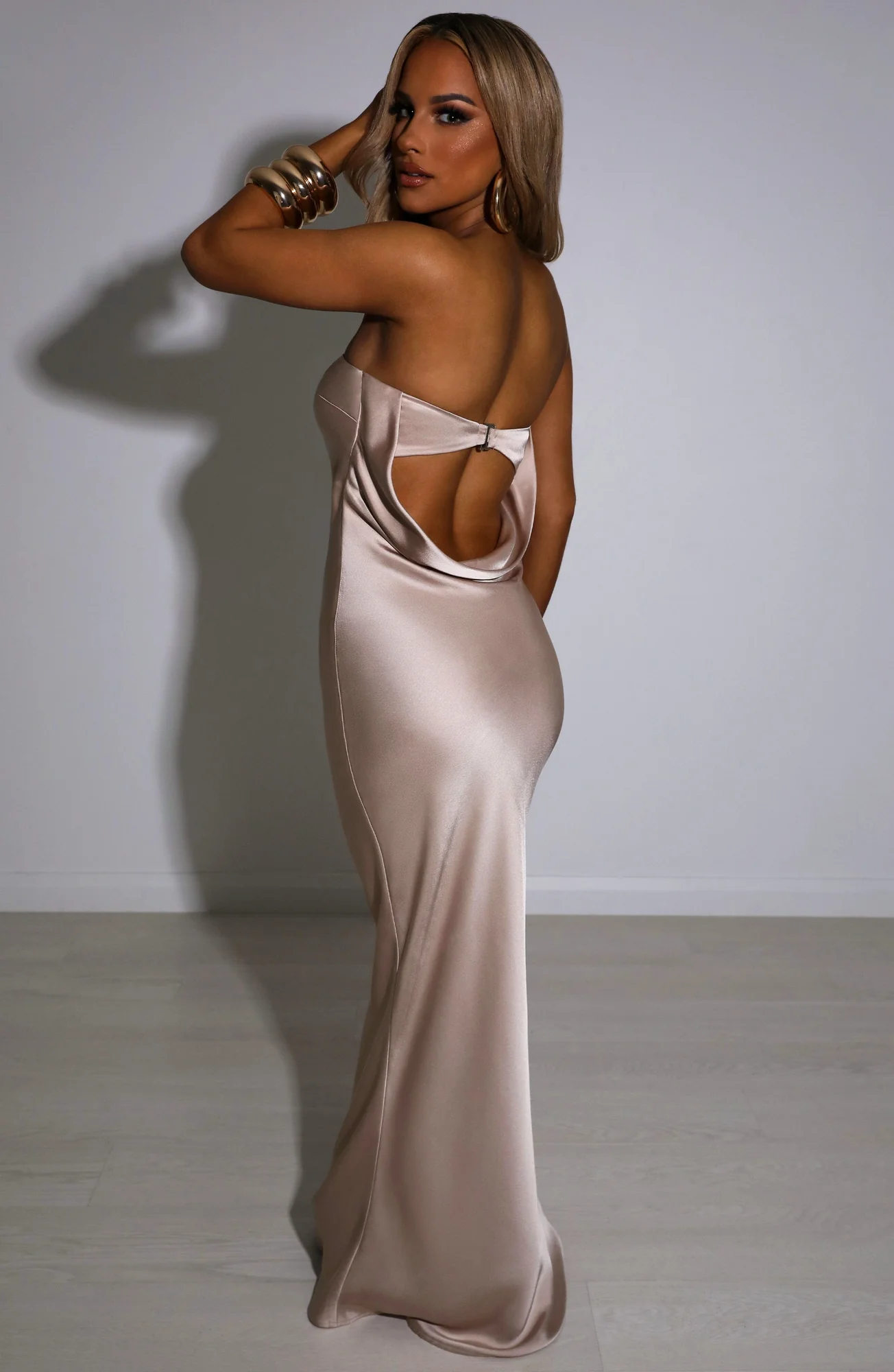 Champagne Satin Maxi Dress - Elegant Flowy Style