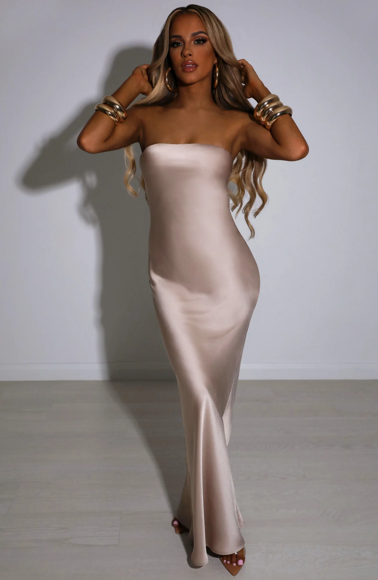 Champagne Satin Maxi Dress - Elegant Flowy Style