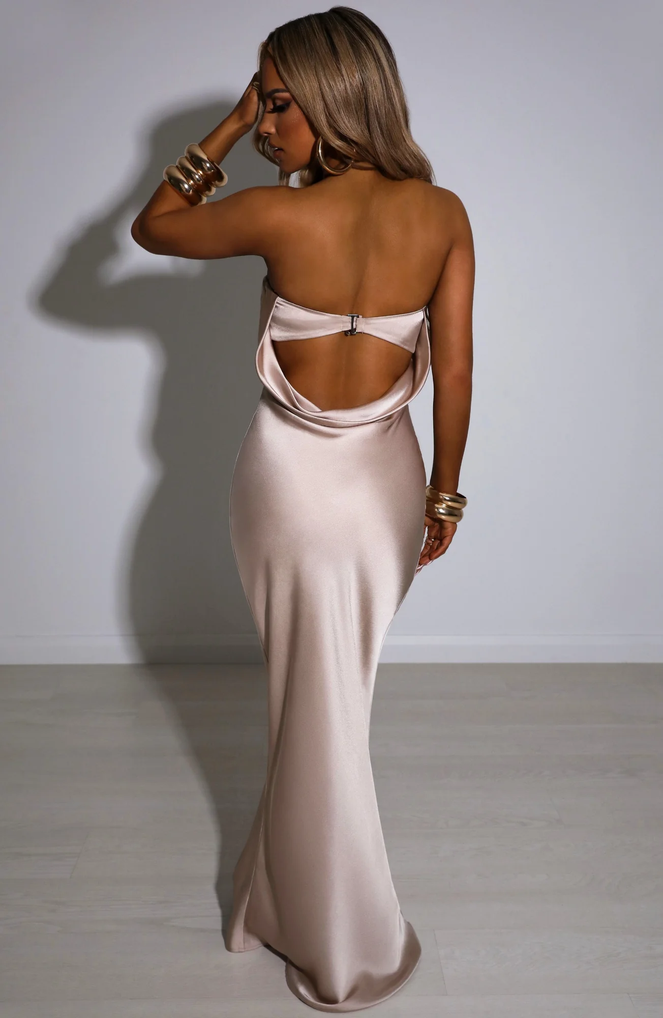 Champagne Satin Maxi Dress - Elegant Flowy Style