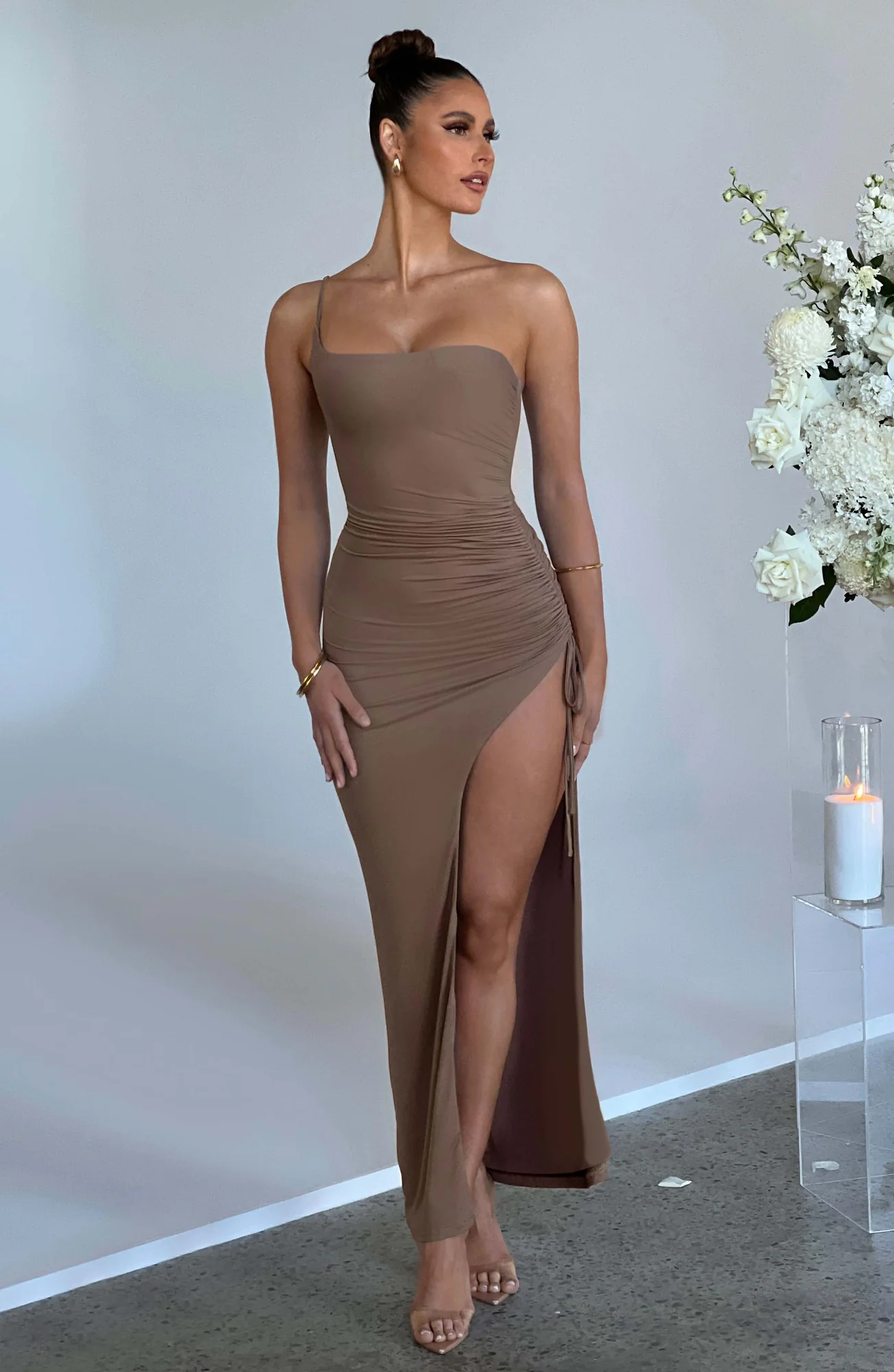 Chocolate Slinky Maxi Dress with One Shoulder Strap