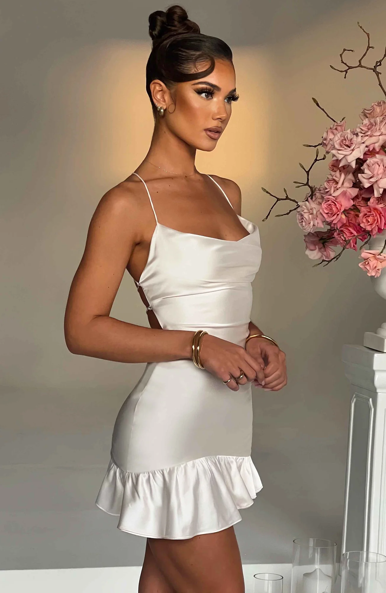 Ivory Stretch Satin Asymmetric Ruffled Mini Dress