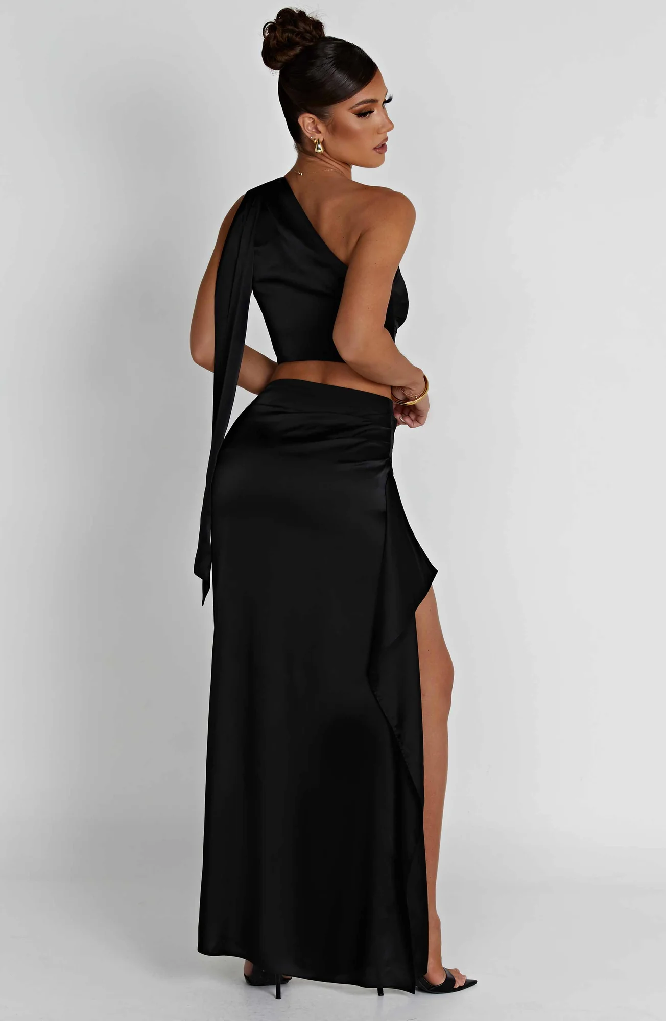 Black Satin Maxi Skirt with Thigh High Split