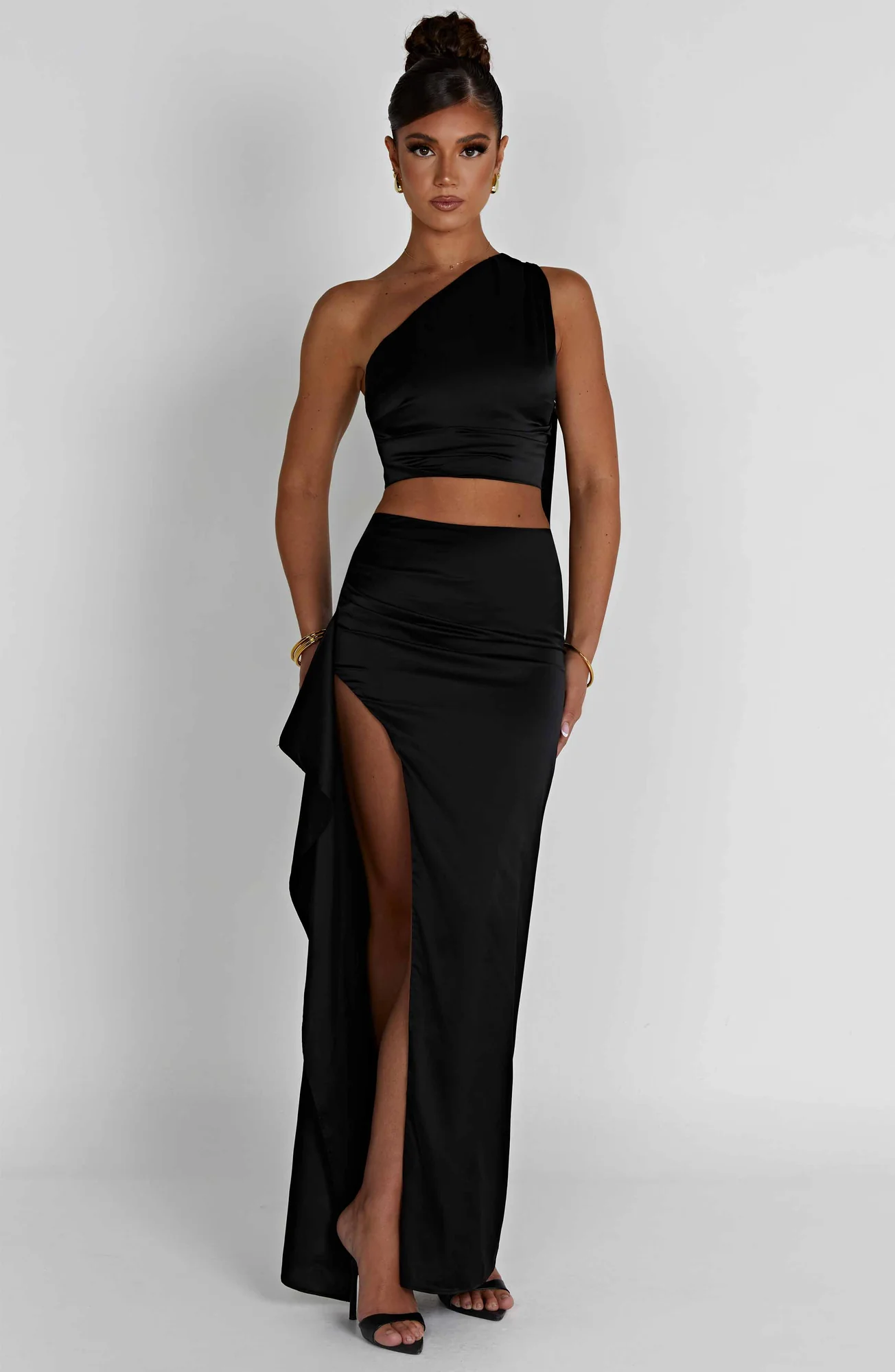Black Satin Maxi Skirt with Thigh High Split
