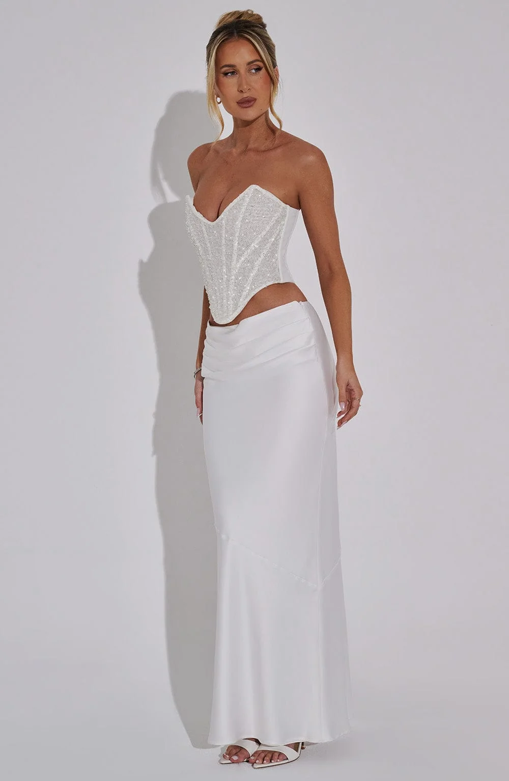Luxury Ivory Satin Bias Cut Maxi Skirt for Elegant Occasions