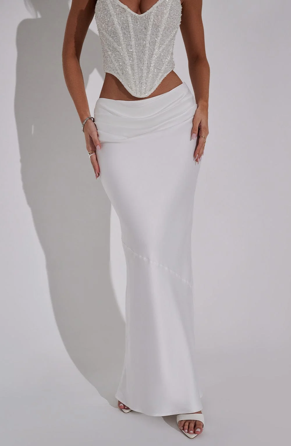 Luxury Ivory Satin Bias Cut Maxi Skirt for Elegant Occasions