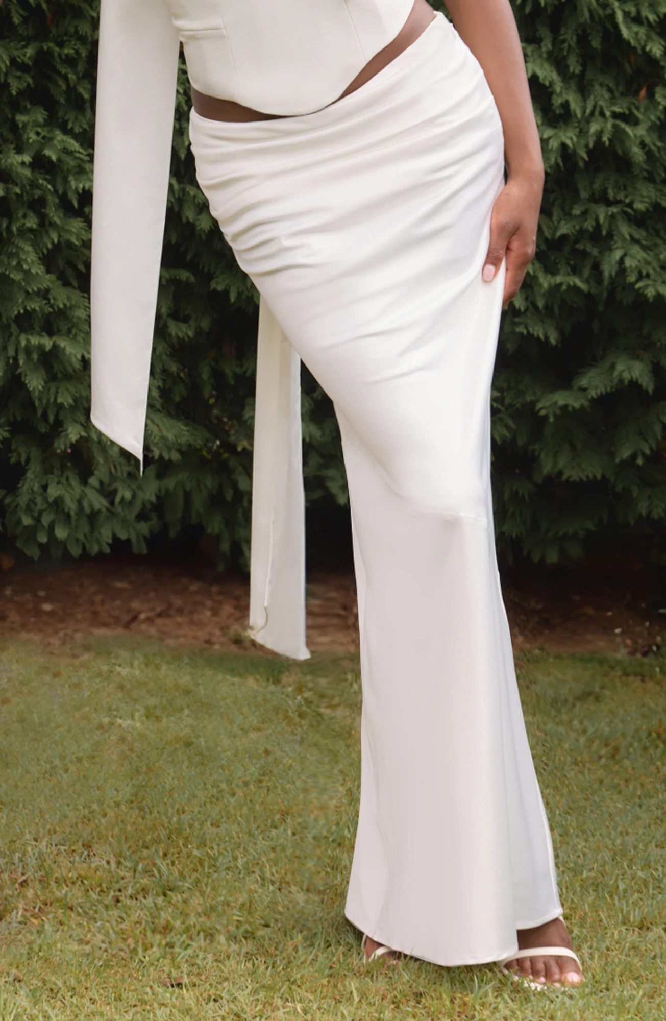 Luxury Ivory Satin Bias Cut Maxi Skirt for Elegant Occasions