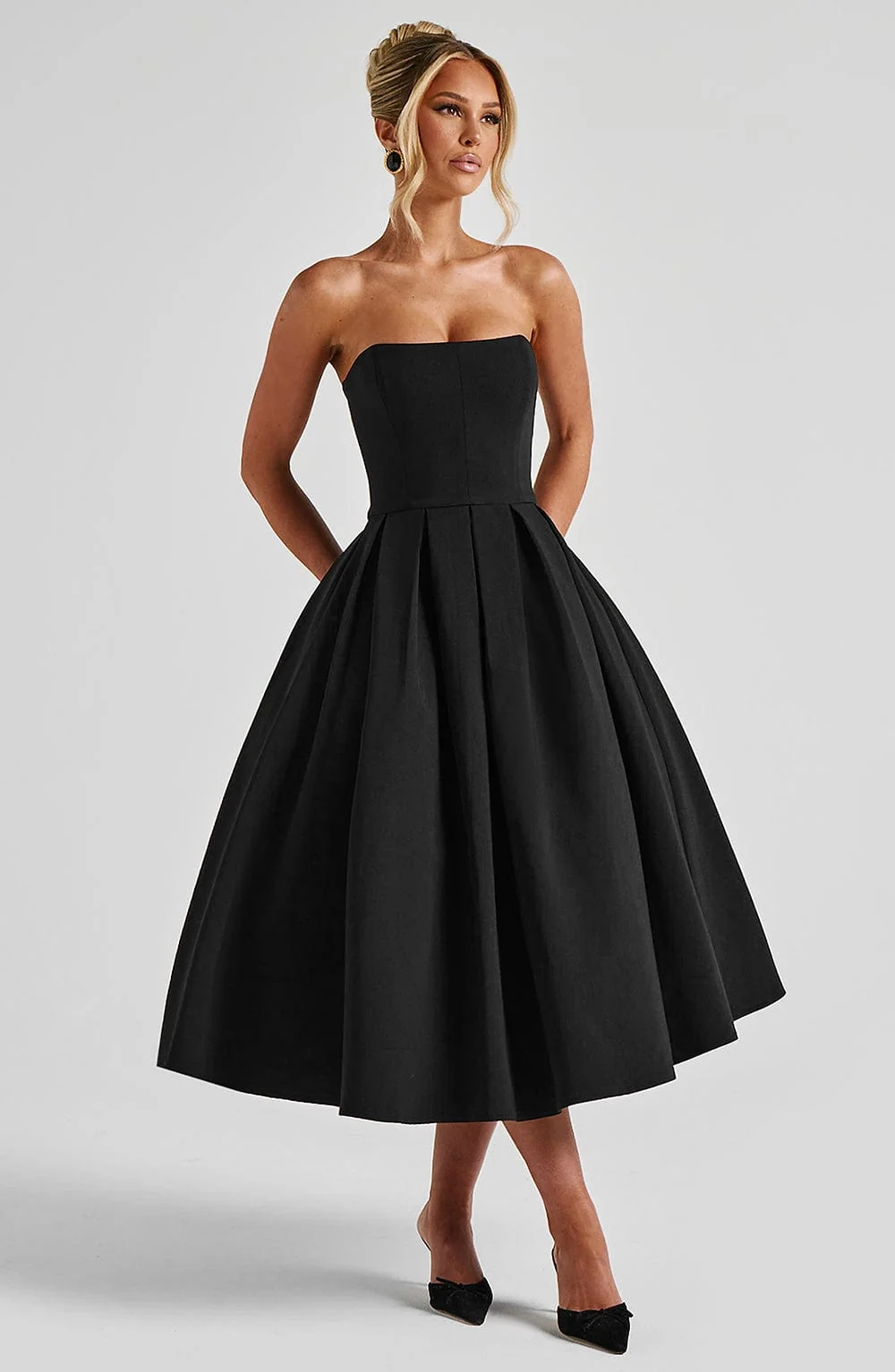 Elegant Black Midi Dress with Strapless Neckline