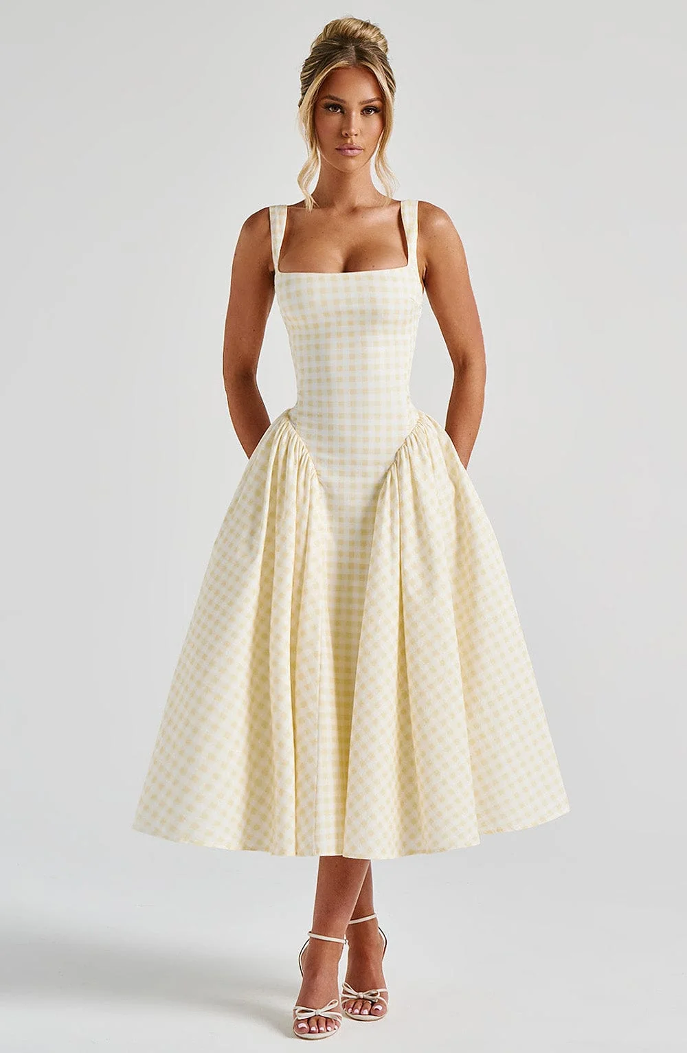 Lemon Gingham Square Neck Midi Dress - Womens Fashion