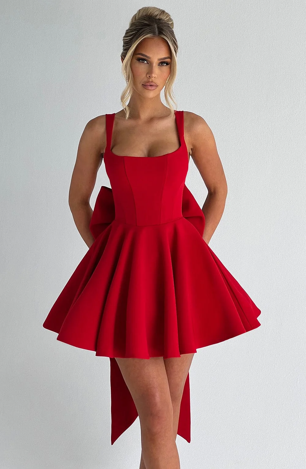 Red Mini Dress with Detachable Bow - Elegant Sophistication