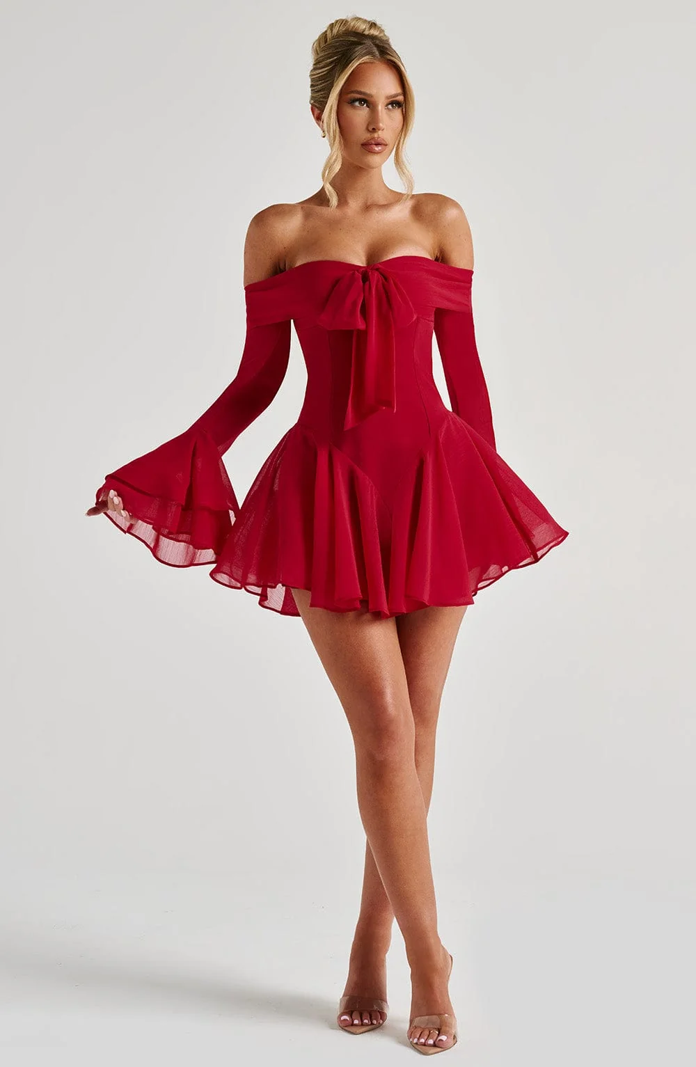 Red Chiffon Bardot Playsuit - Elegant Mini Dress