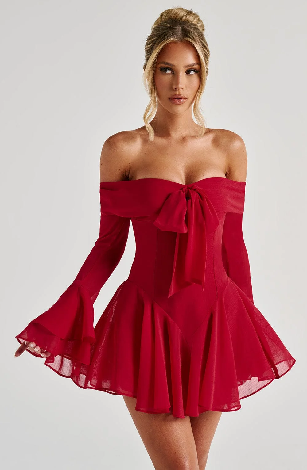 Red Chiffon Bardot Playsuit - Elegant Mini Dress