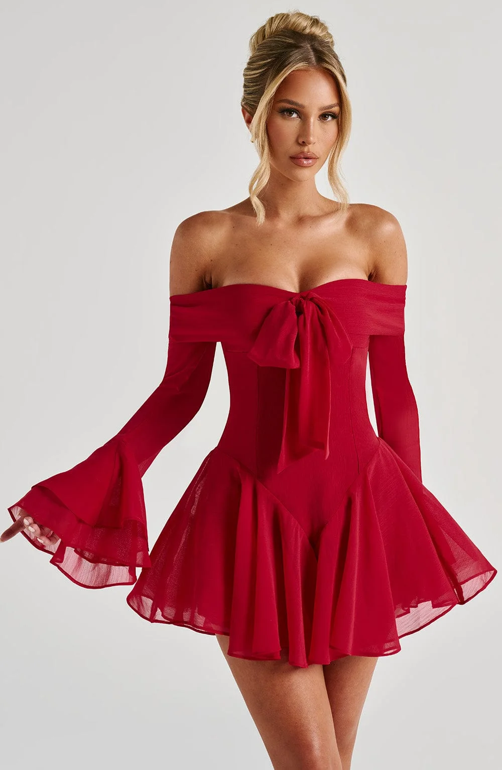 Red Chiffon Bardot Playsuit - Elegant Mini Dress