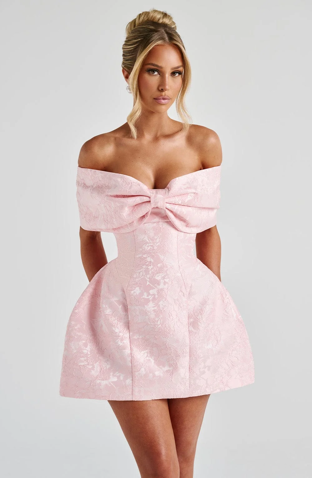 Blush Floral Jacquard Mini Dress with Bardot Bow Neckline
