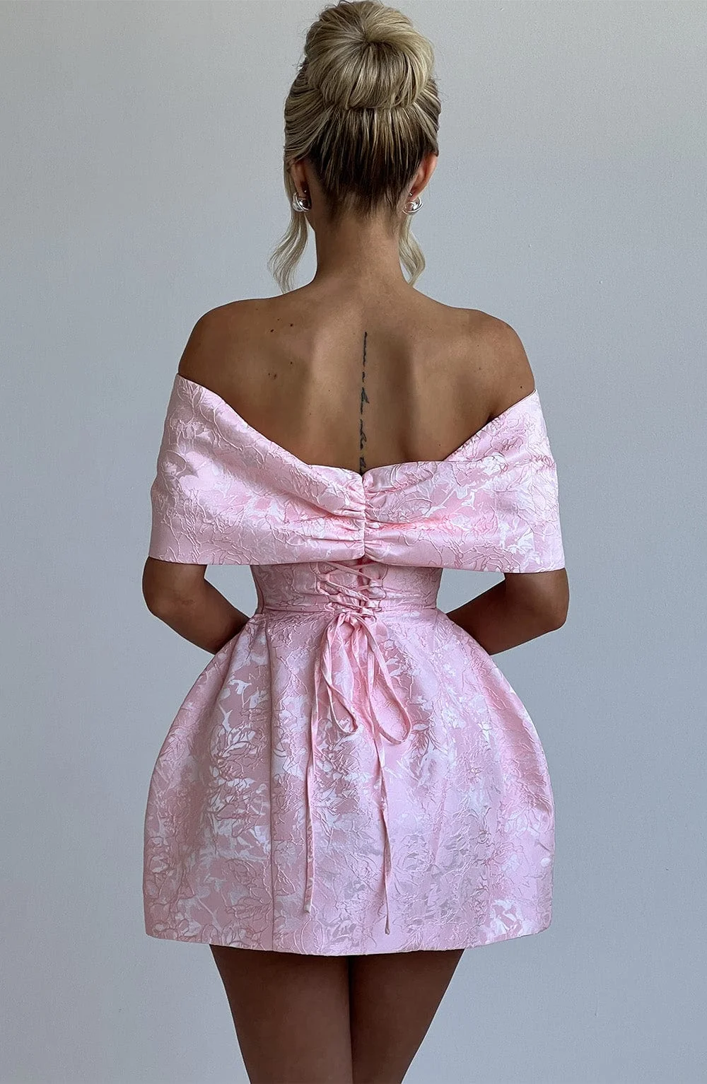 Blush Floral Jacquard Mini Dress with Bardot Bow Neckline