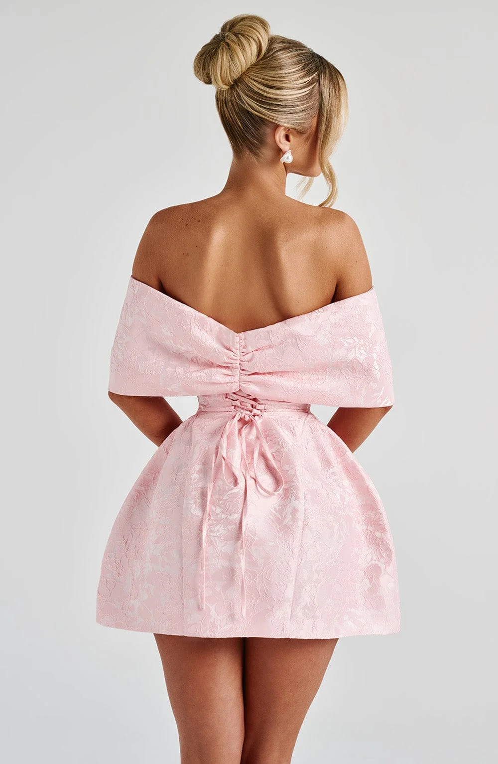 Blush Floral Jacquard Mini Dress with Bardot Bow Neckline