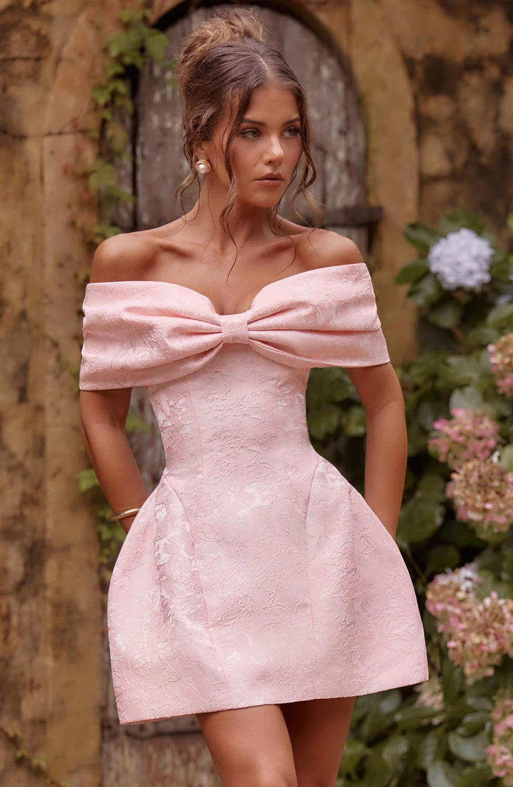 Blush Floral Jacquard Mini Dress with Bardot Bow Neckline