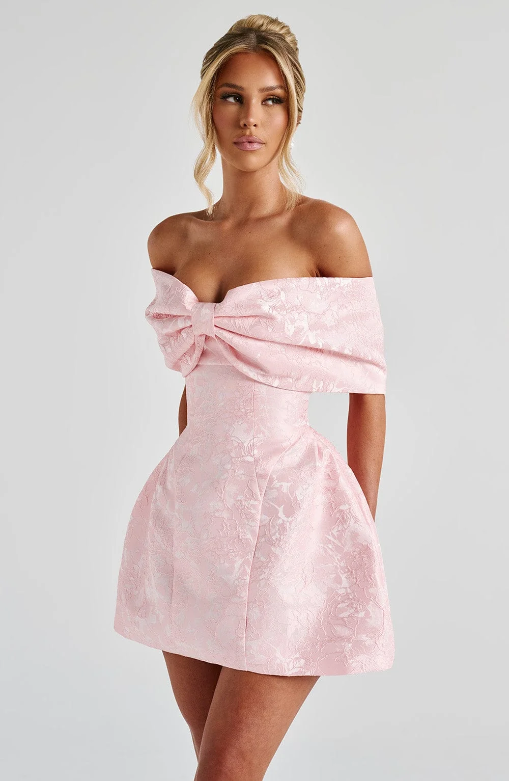 Blush Floral Jacquard Mini Dress with Bardot Bow Neckline