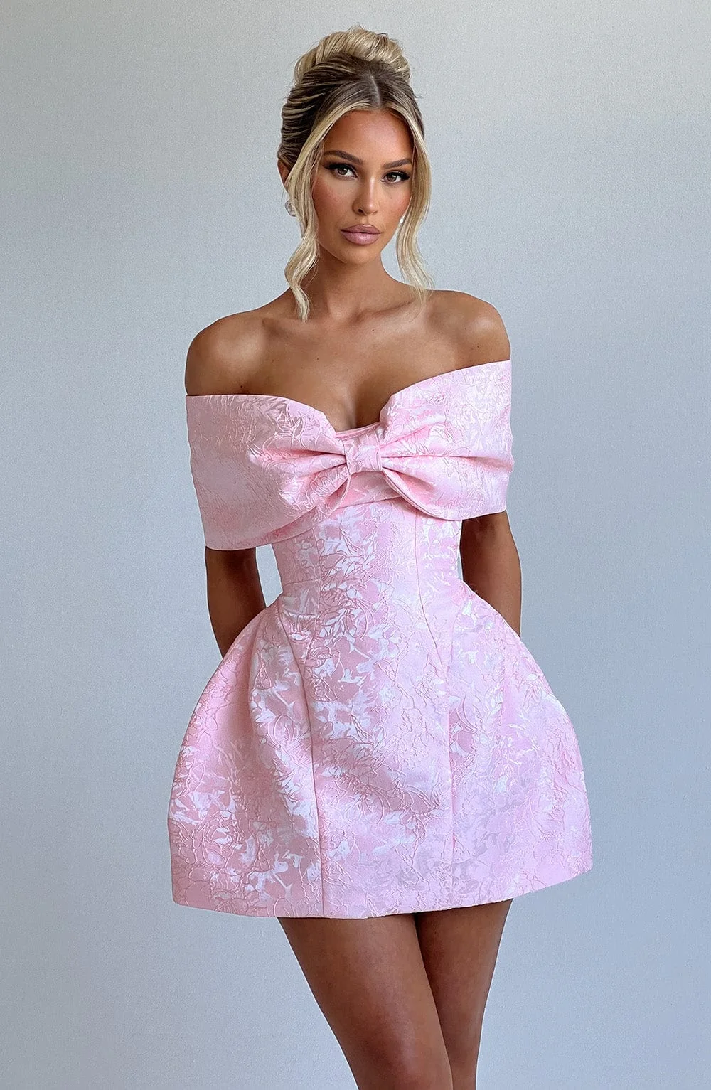 Blush Floral Jacquard Mini Dress with Bardot Bow Neckline