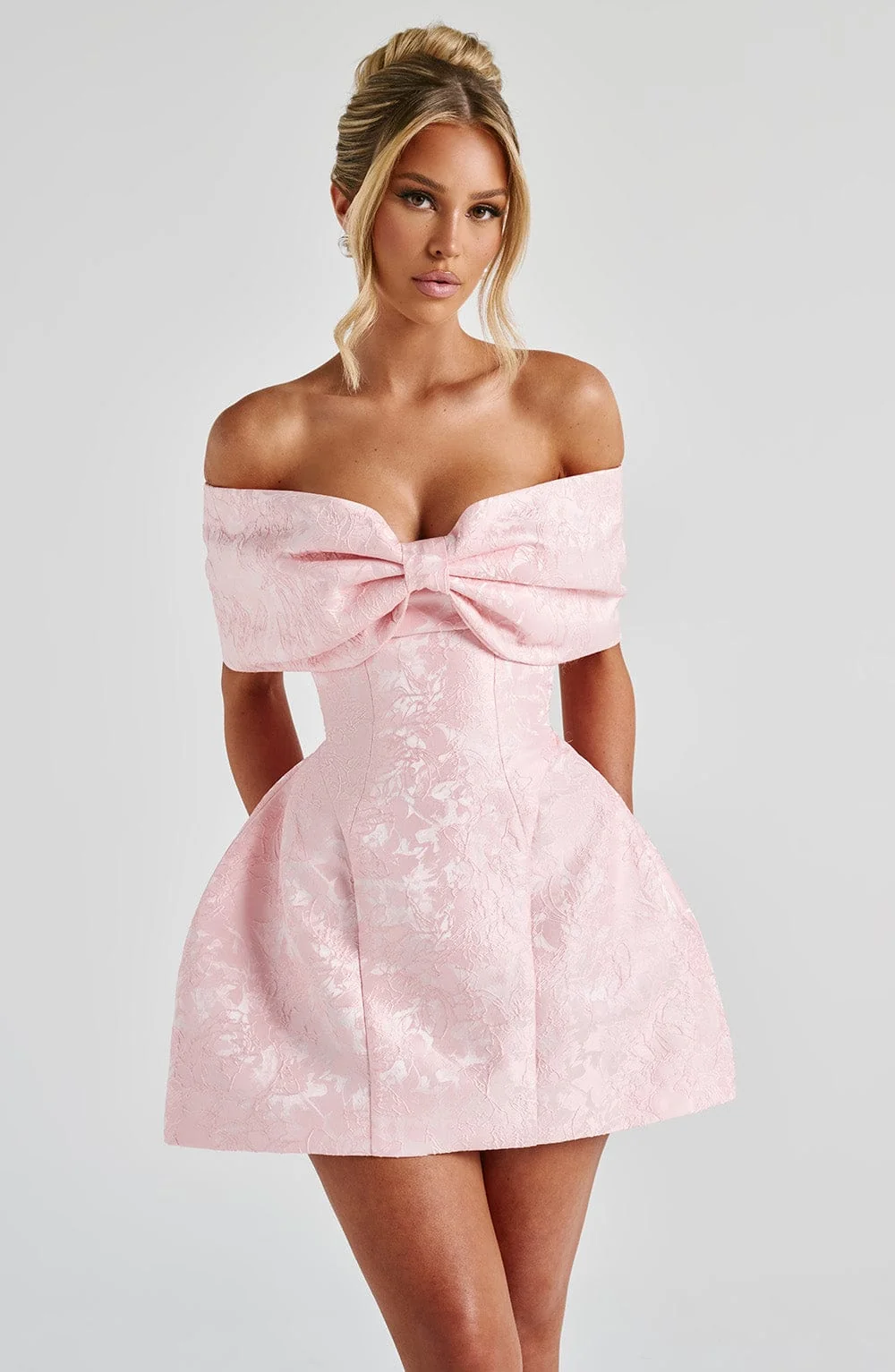 Blush Floral Jacquard Mini Dress with Bardot Bow Neckline