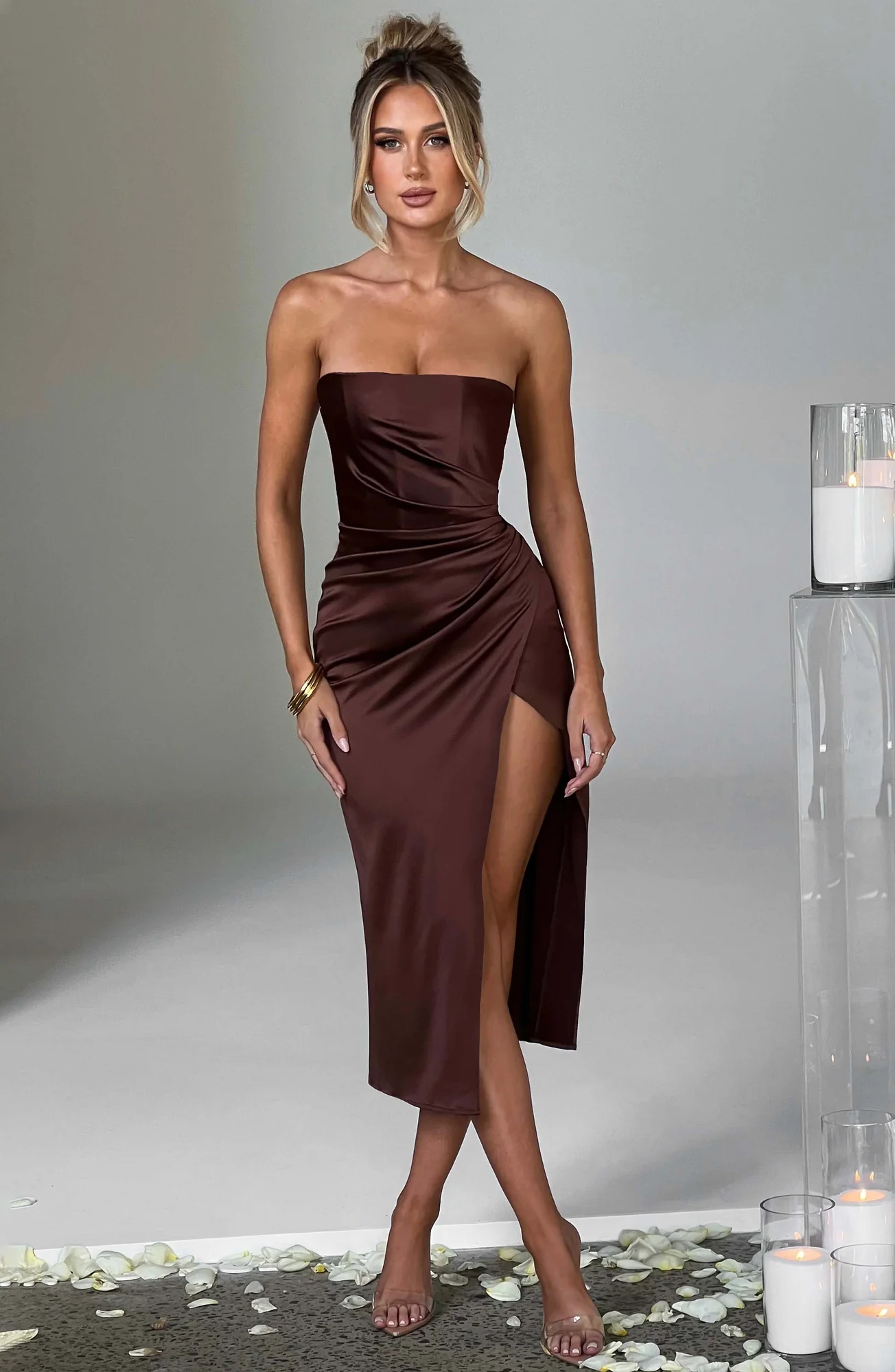 Chocolate Satin Strapless Corset Midi Dress