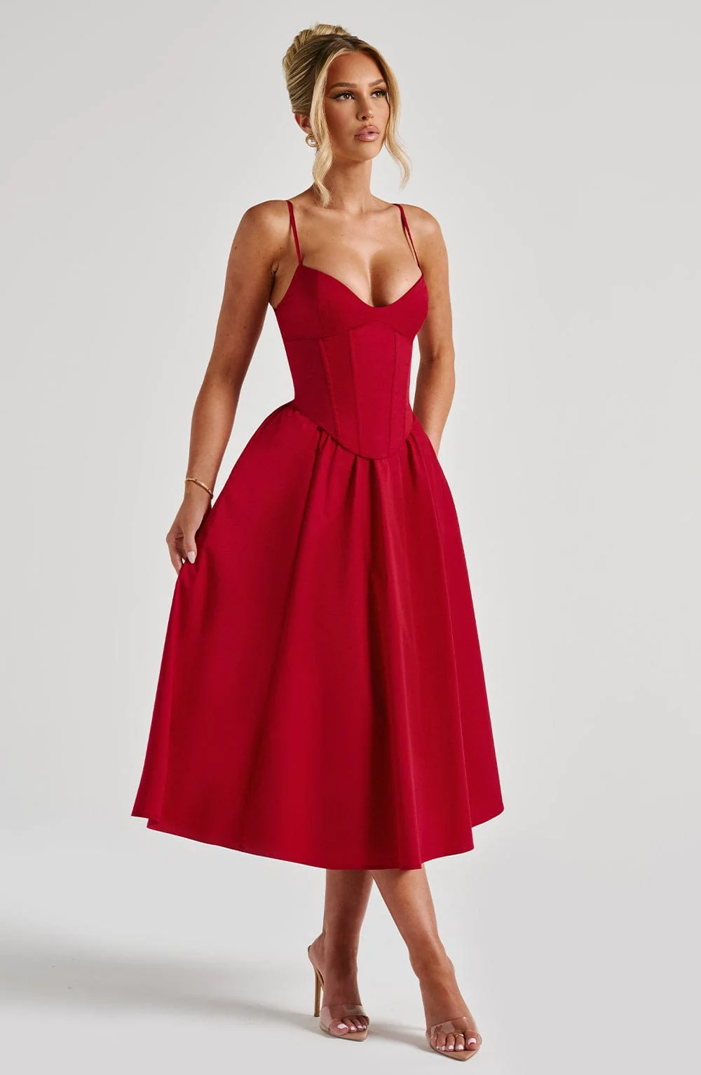 Chic Red Corseted Midi Dress - Elegant Iconic Style