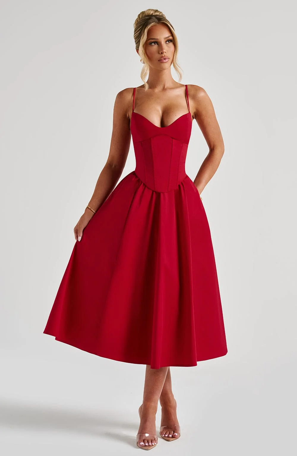 Chic Red Corseted Midi Dress - Elegant Iconic Style