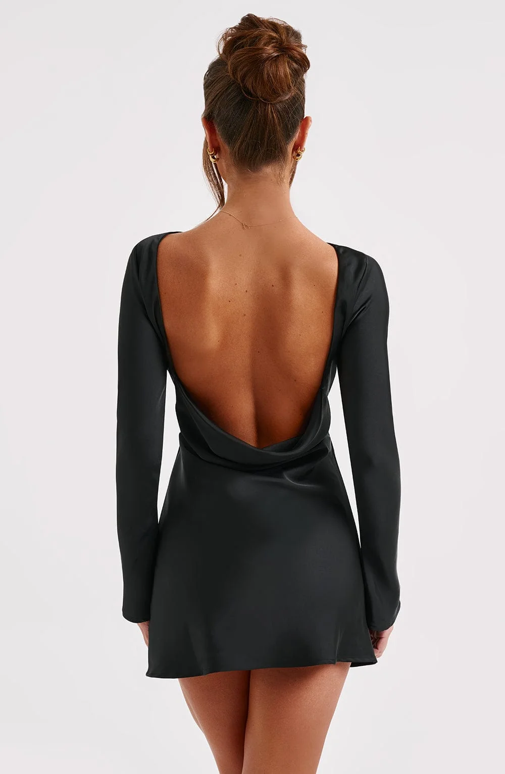 Black Satin Bias Cut Mini Dress with Low Back Detail