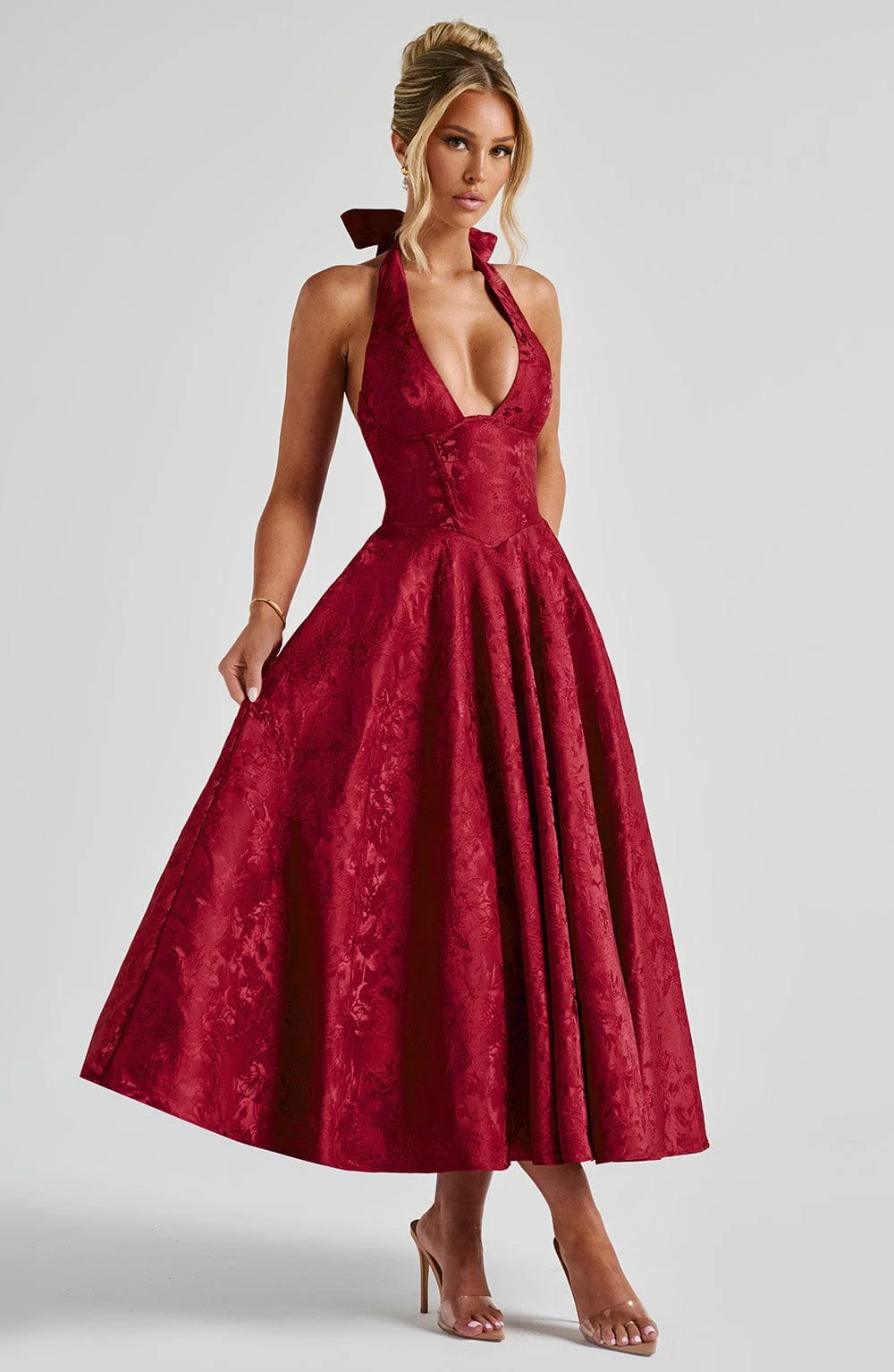 Elegant Red Floral Jacquard Midi Dress with Plunge Halter Neckline