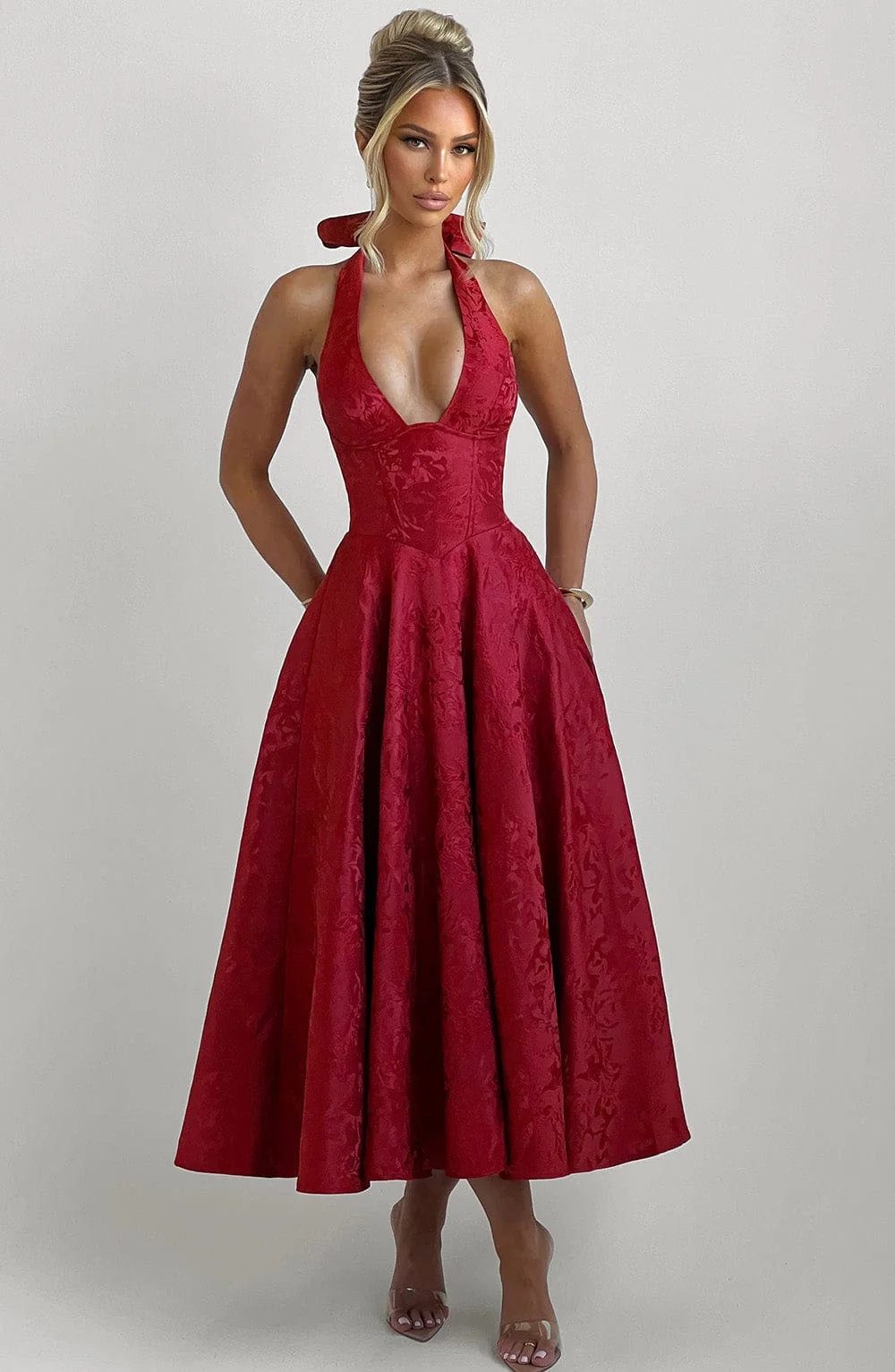 Elegant Red Floral Jacquard Midi Dress with Plunge Halter Neckline