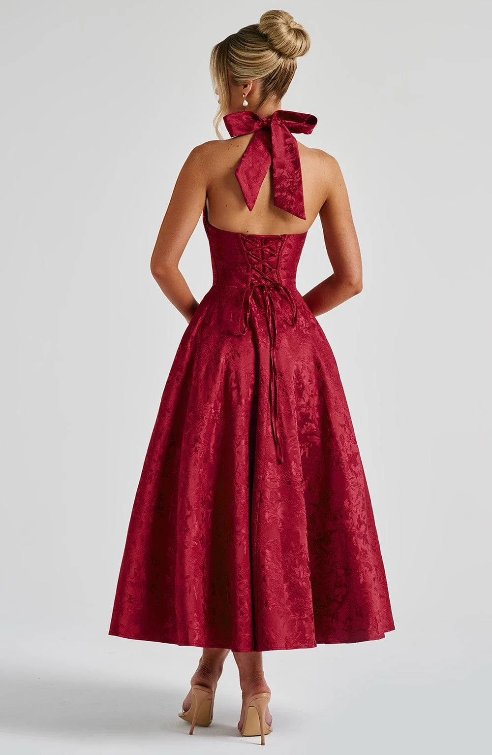 Elegant Red Floral Jacquard Midi Dress with Plunge Halter Neckline