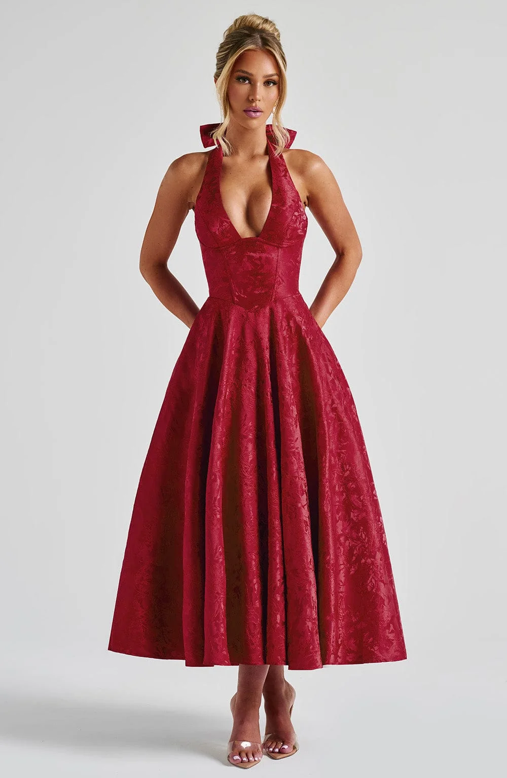 Elegant Red Floral Jacquard Midi Dress with Plunge Halter Neckline