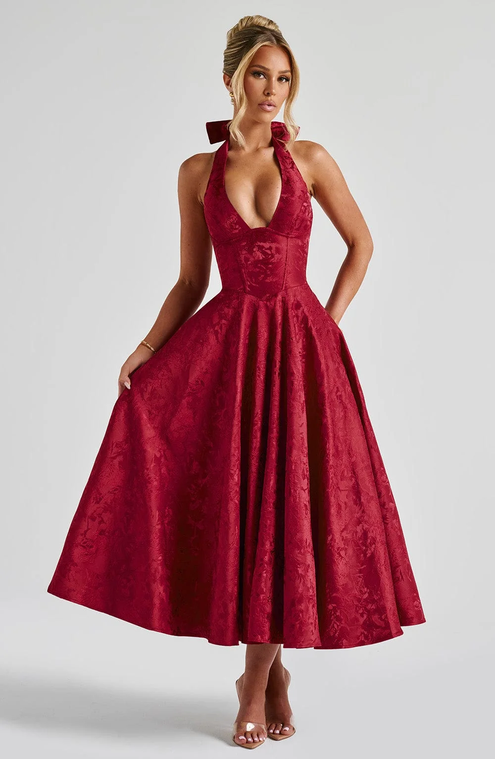 Elegant Red Floral Jacquard Midi Dress with Plunge Halter Neckline