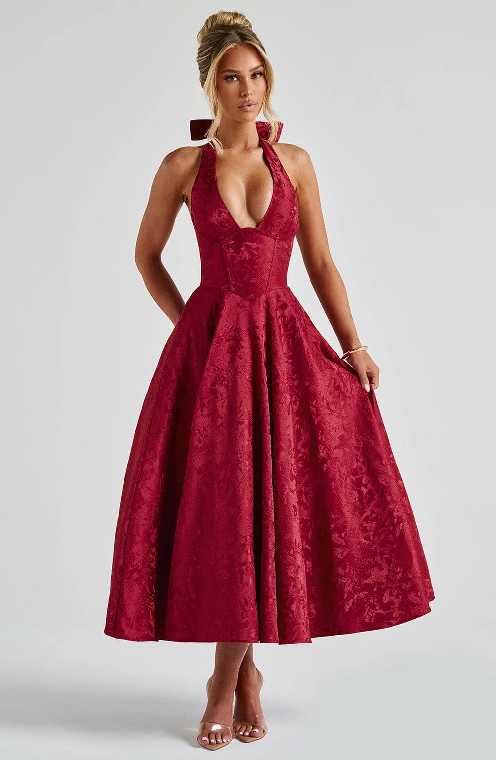 Elegant Red Floral Jacquard Midi Dress with Plunge Halter Neckline