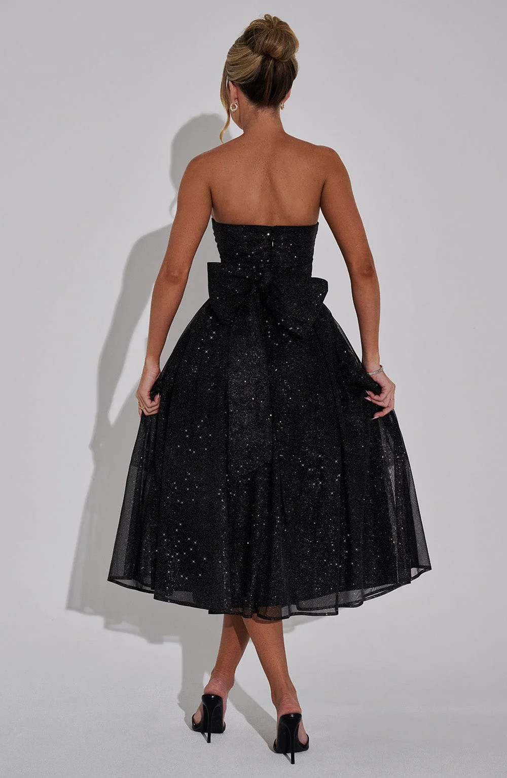 Elegant Black Sparkle Mesh Strapless Midi Dress with Boned Bodice